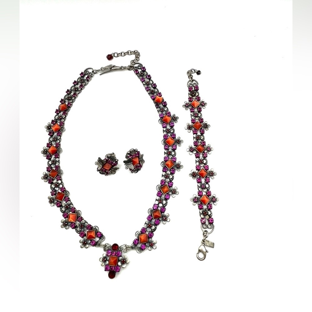 Mary DeMarco Necklace Bracelet Earrings Set Pink Silver Pewter Floral Butterfly